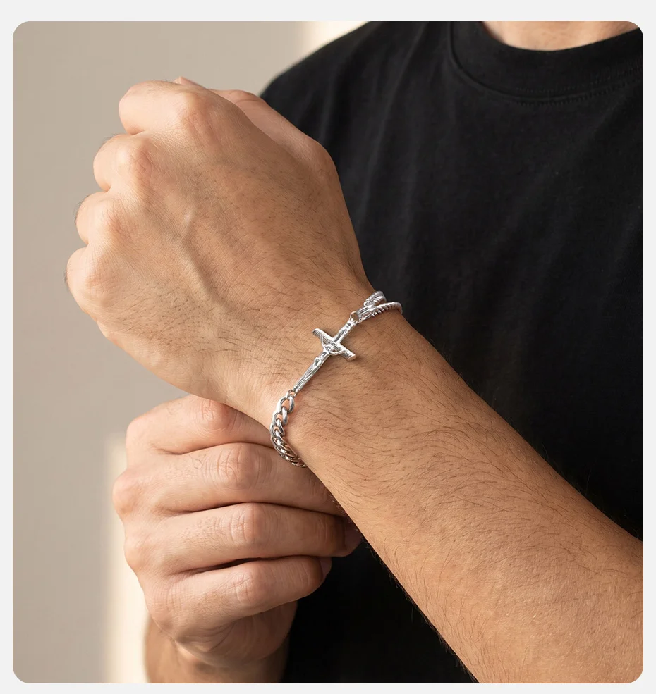 Vnox Herren Edelstahl Jesus Kruzifix Kreuz Armband Verstellbare Panzerkette Religiöser Schmuck Geschenk für Männer – Detail 2