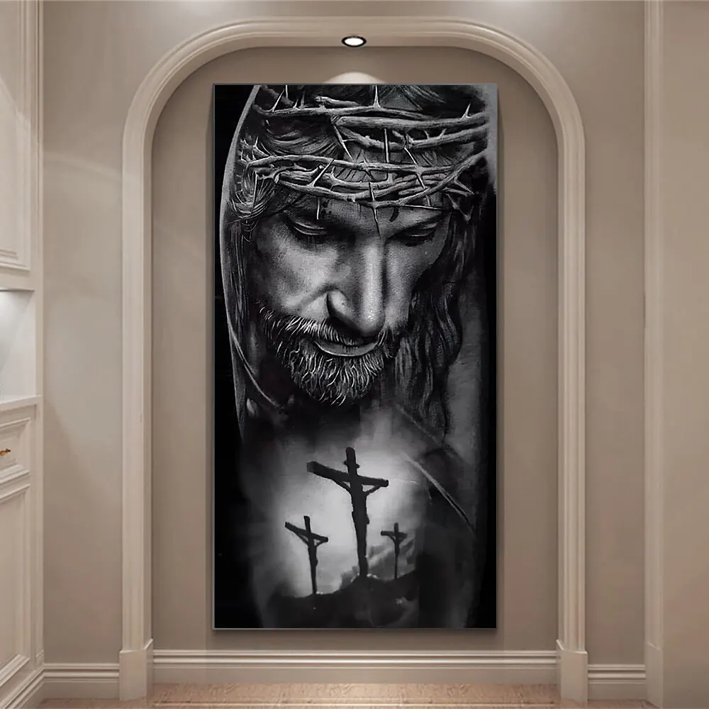 Crown of Thorns Jesus Canvas Wall Art  Religious Home Decor Black Print for Living Room