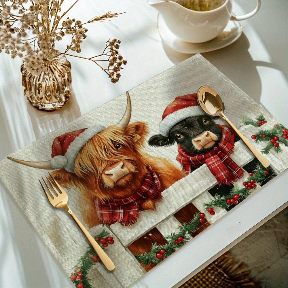 Festive Highland Cow Themed Table Placemat Christmas Family Dinner Tabletop Layout Party Accessory