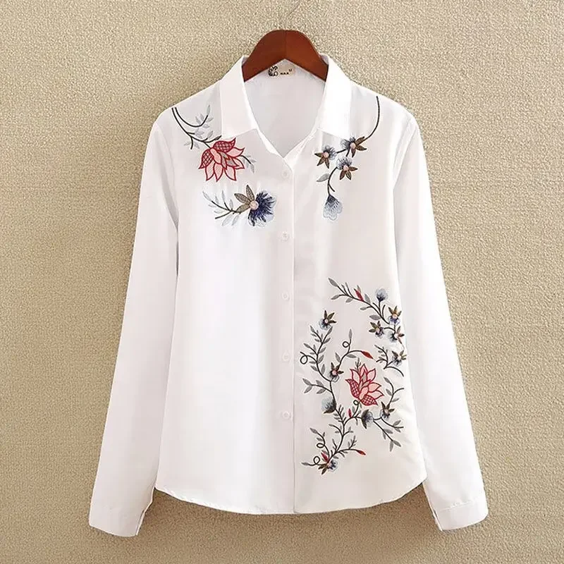 

Fashionable Women's Shirt Office Top Button Up Shirt Embroidered White Long Length Women's Long Sleeved Artistic Loose Fit Women