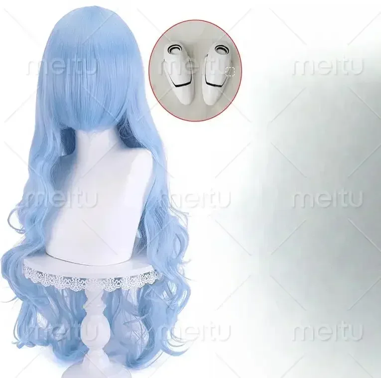 CosplayHaute qualité Ayanami Rei Cosplay perruque Anime EVA 100 cm de Long Cyan bleu cheveux bouclés résistant à la chaleur Hall