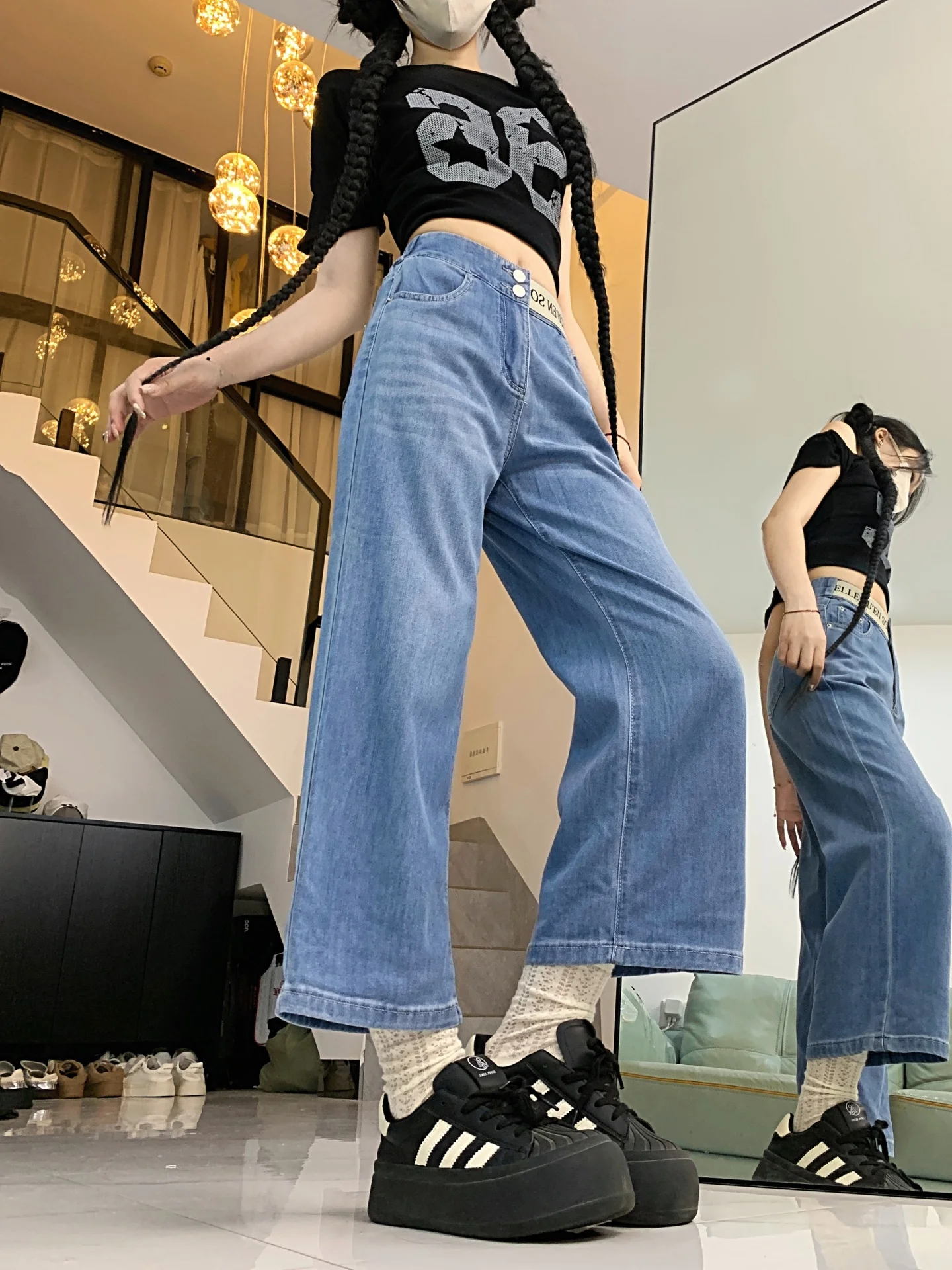 High Waist Wide Leg Jeans Women's Loose Fit Straight Cut Elastic Waist Denim Pants Autumn New Sle Slimming Durable Casual
