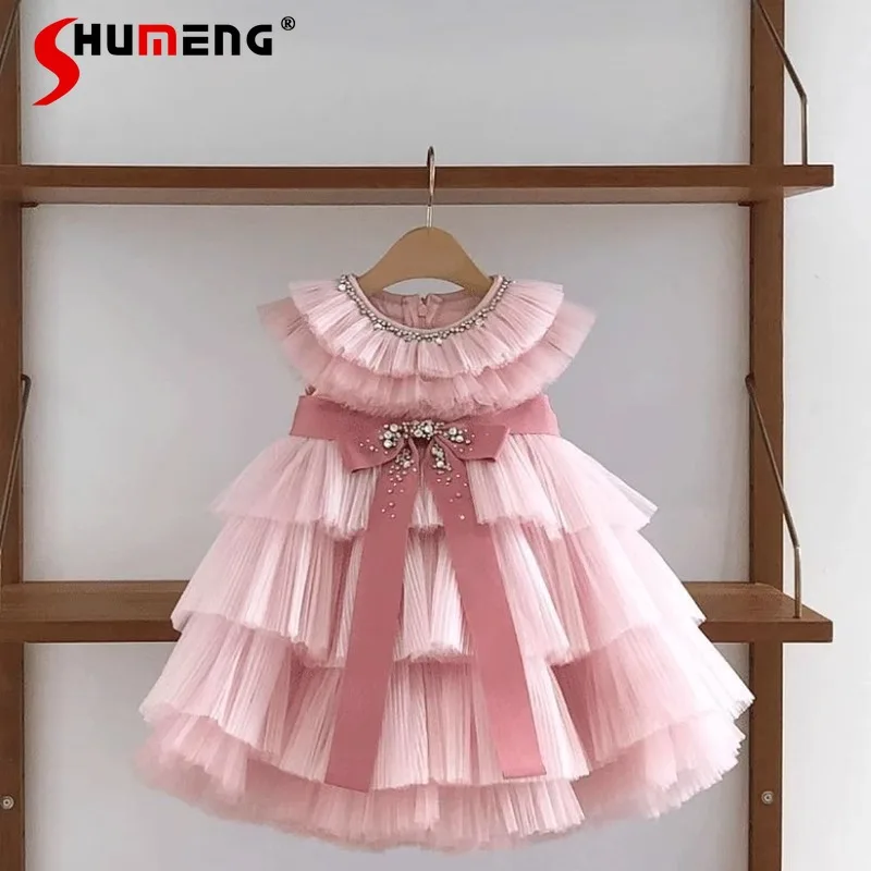 

Новое элегантное платье принцессы для девочек с бантом, розовое, без рукавов, на первый день рождения, пышное платье-туту, детское повседневное и праздничное платье 2026 года