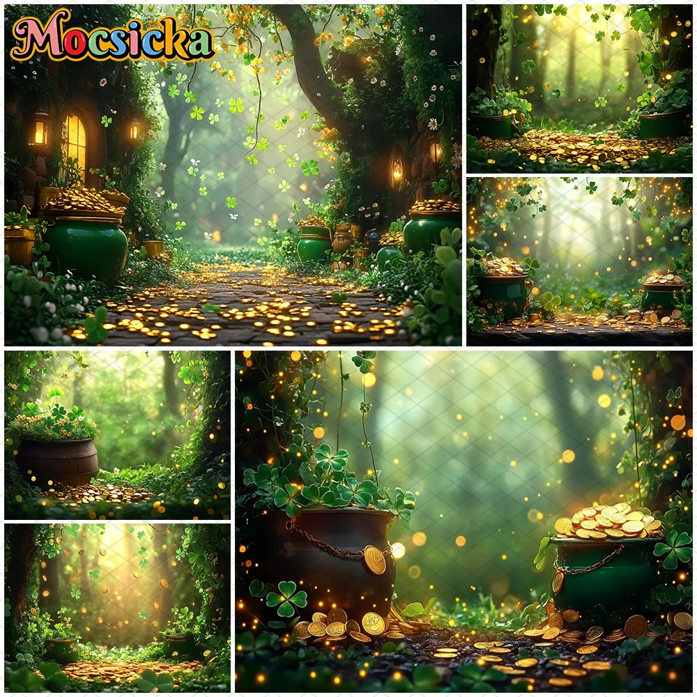 

Mocsicka Forest Coins Photography Backdrop Spring Green Clover Leaf Decor Birthday Natural Scenery Background Shooting Photozone