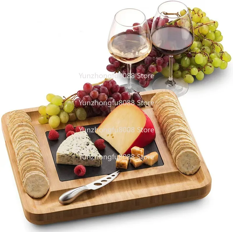 Bamboo Cheese Board Set with 6 Stainless Steel Knives -- Natural Wood & Slate Serving Plates for Gourmet Cheese & Deli