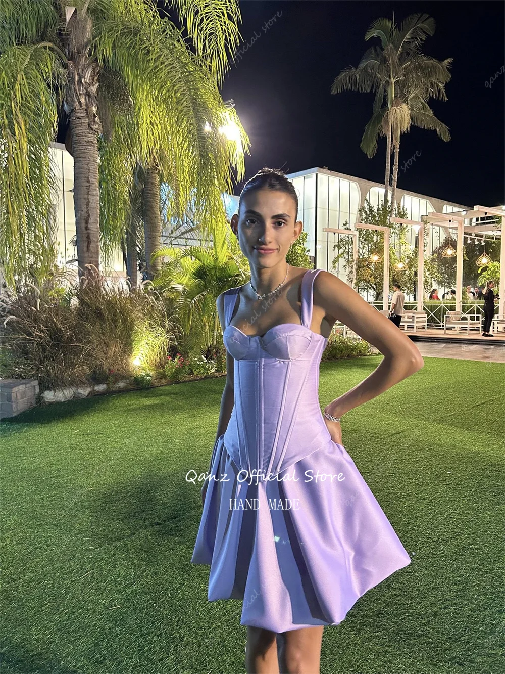 Qanz – Mini robe De bal en Satin lilas, ensemble 2 pièces, Corset, robe De fête d'anniversaire, bretelles Spaghetti, ligne A, personnalisée