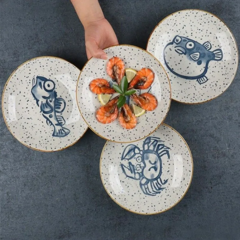 Retro Ceramic Bowls and Plates Household Japanese Tableware Cartoon Fish and Shrimp Pattern Taste Saucer Restaurant Utensils