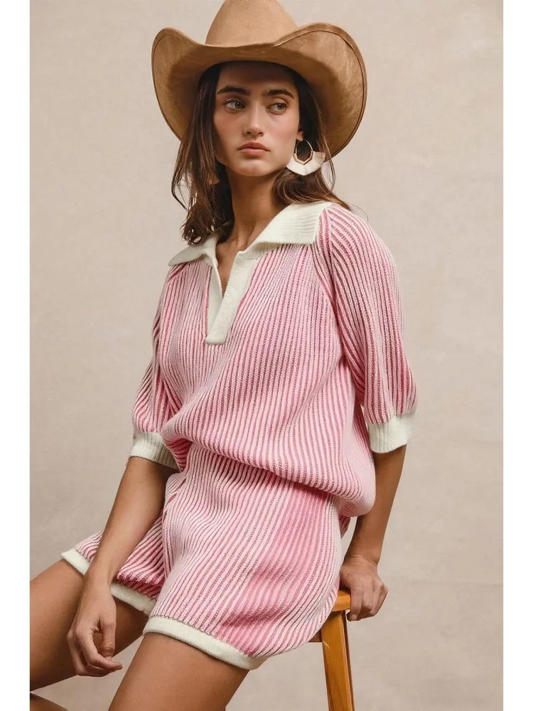 

Wmstar 2025 New Women Fashionable Elegant Two Piece Sets Comfortable Loose Color Block Striped Sweater Half Sleeve Sweater