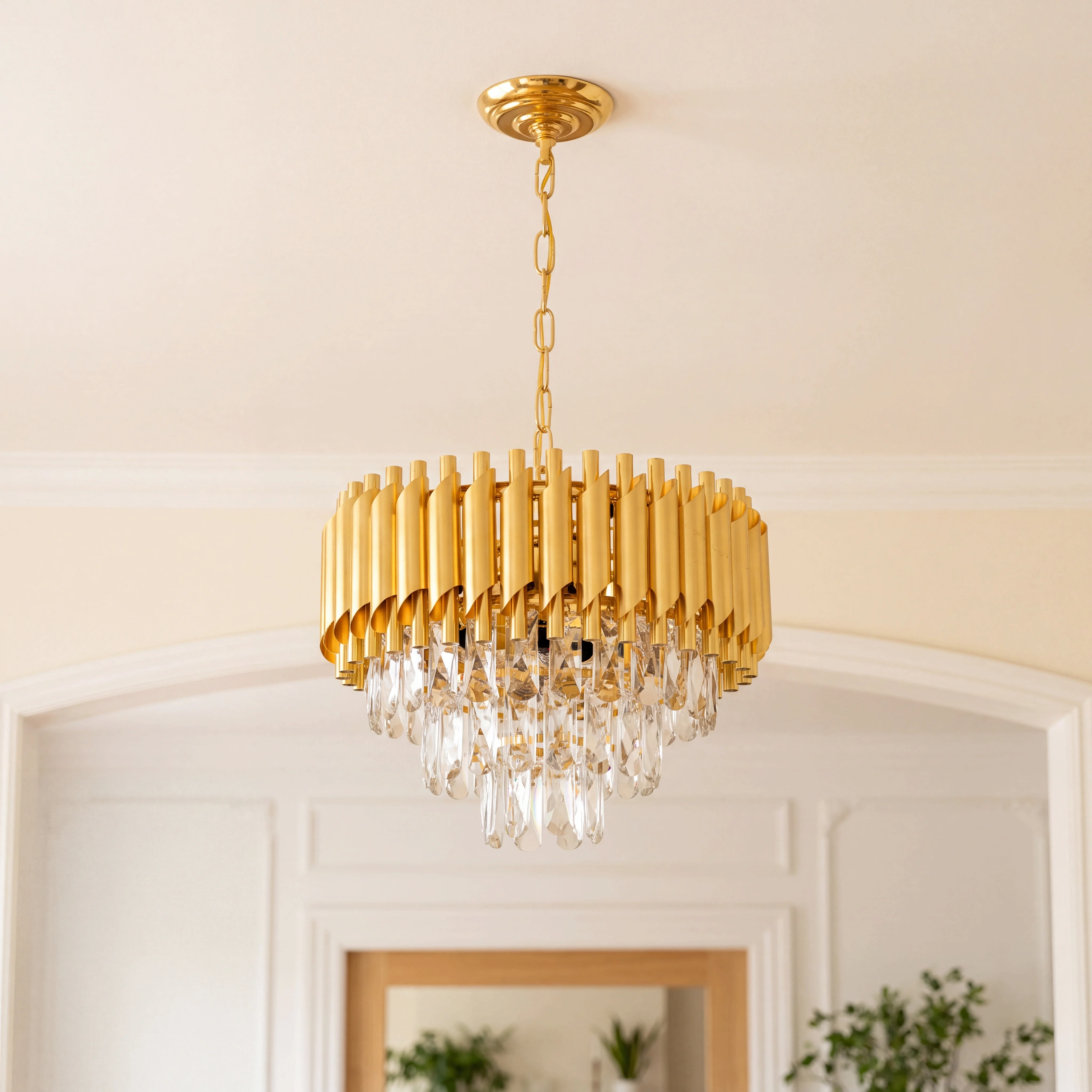 Gold Crystal Chandelier, Modern Luxury 3-Tier K9 Crystal Chandelier Light Fixture, Adjustable Chain Hanging Pendant Light for Dining Room Living Room Kitchen Island Bedroom Foyer Entryway Hallway