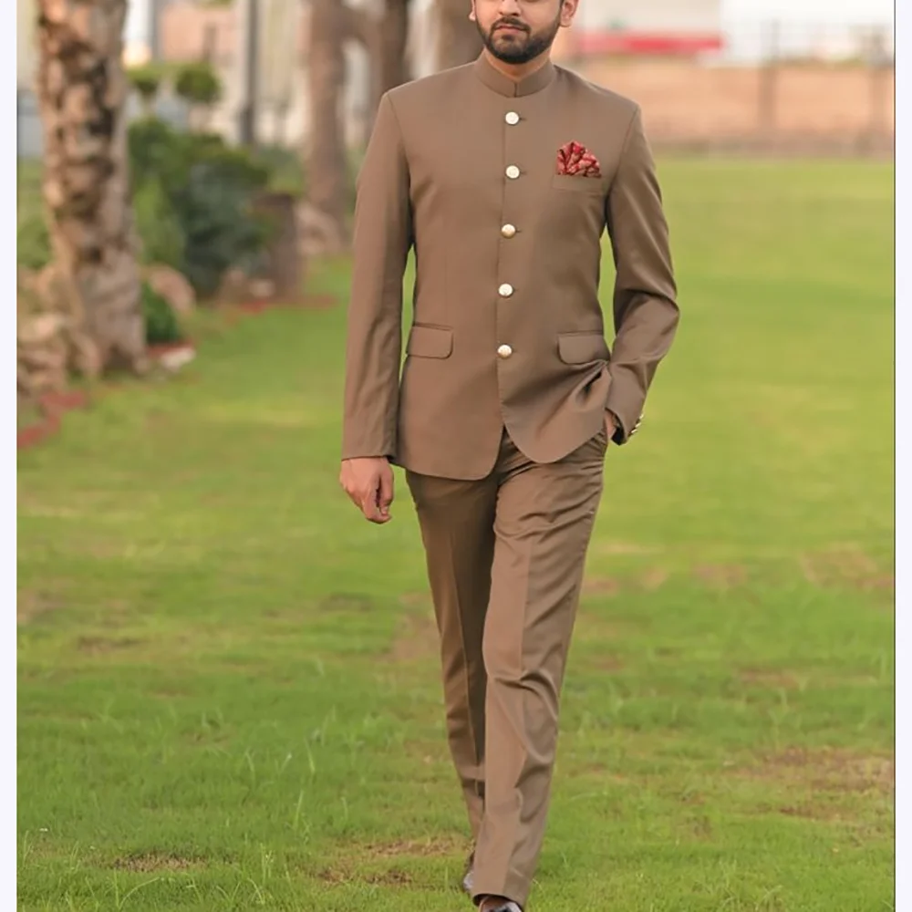

Elegant Men Suits Single Breasted Stand Collar Outfits Front Flat Two Piece Casual Chic Daily Office Party Prom Formal Set