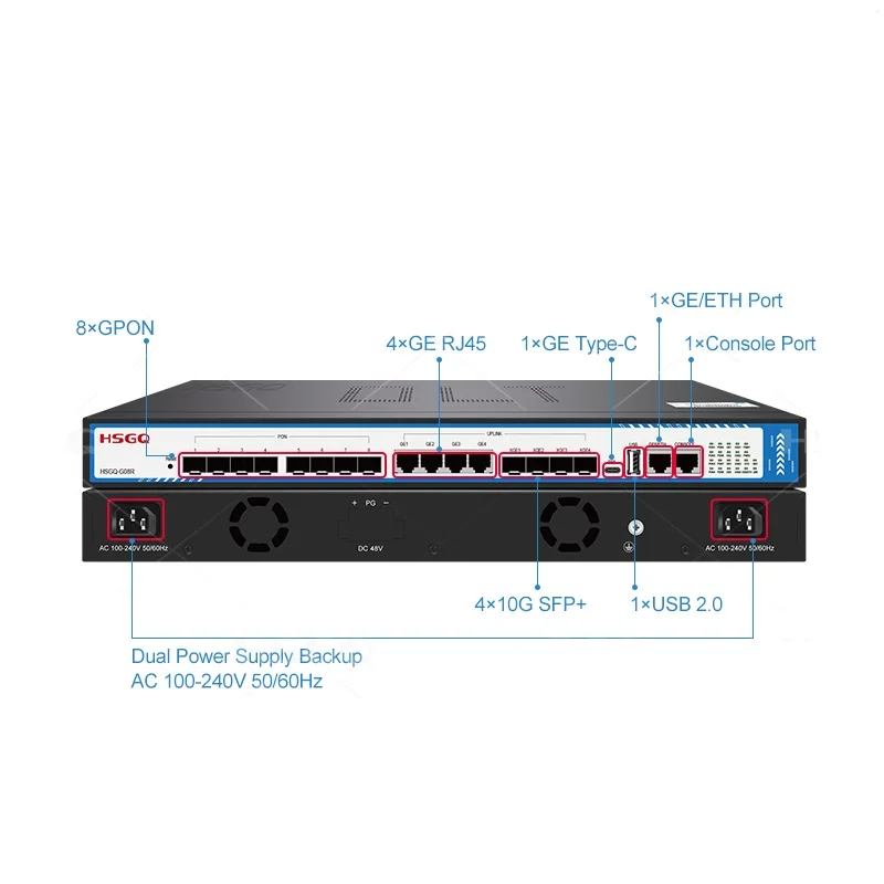 GPON OLT HSGQ-G08R 8 منافذ محطة الخط البصري مع وحدة 10GE C ++ SFP معدات الشبكة الضوئية من الألياف ONU