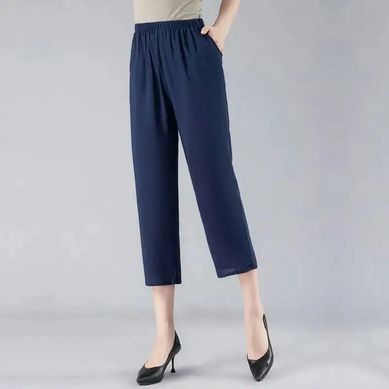 2025 Summer Women Casual Thin Capri Pants Fashion Hight Elastic Waist Straight Leg Pants For Middle-aged Mothers