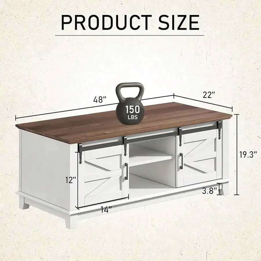 Farmhouse Coffee Table With Sliding Barn Doors And Storage Cabinet, 48'' Modern Center Table With Adjustable Shelves, Stylish Co