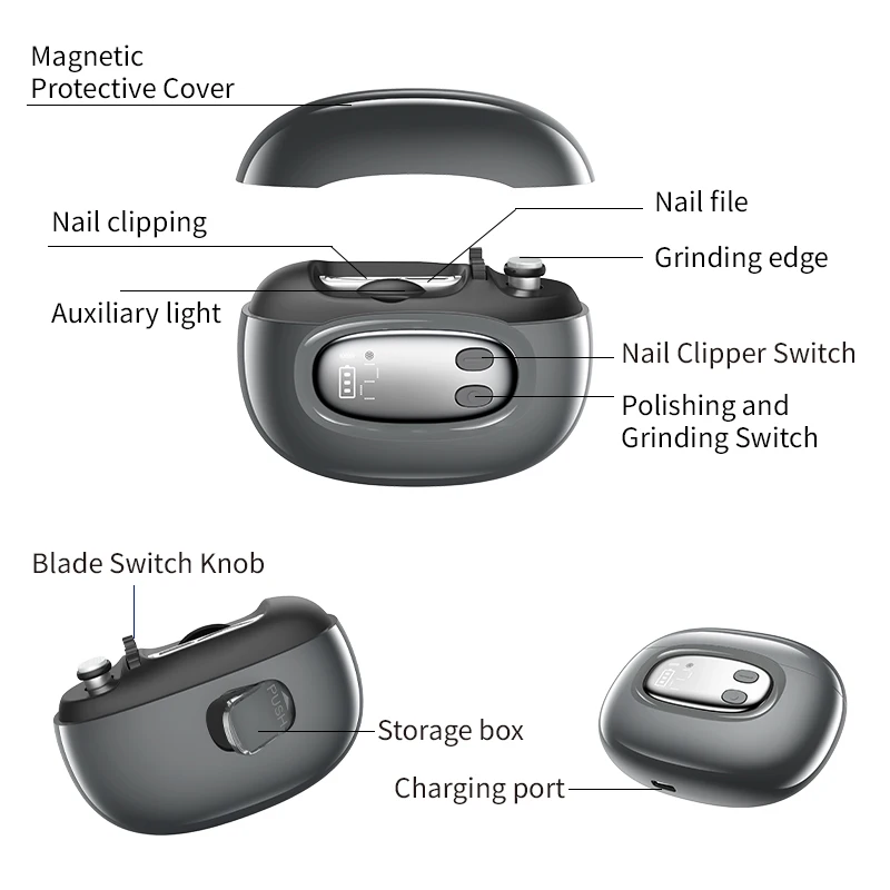 Electric Nail File, Anti-split 4-side Blade, HD Magnifier, Digital Display, Interchangeable Buffing Heads, Travel Nail Tool