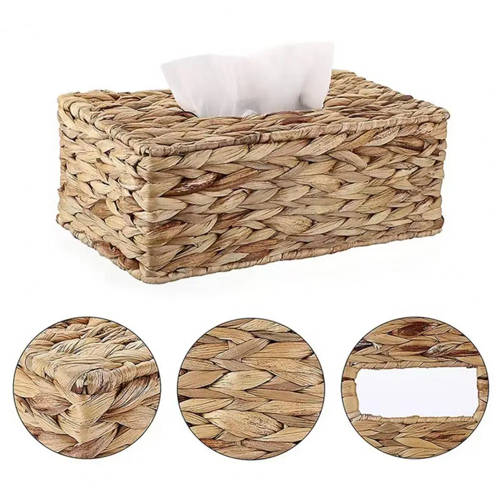 Tissue Box Holder Water Hyacinth Handwoven Straw Basket Natural Wicker Napkin Dispenser Facial Tissue Organizer Rustic Decor