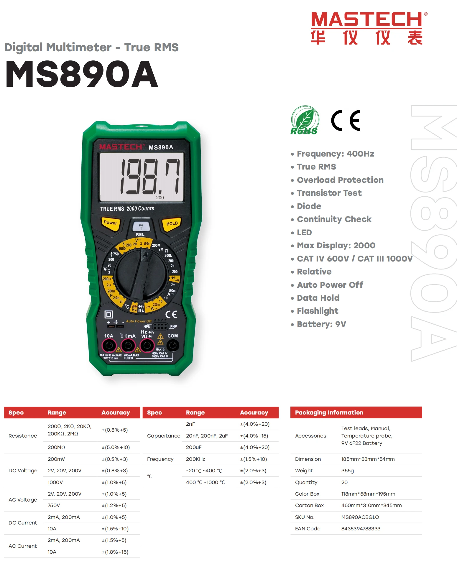 Mastech MS890A LCD Digital Multimeter AC DC Voltage Diode Freguency Multitester Current Tester Luminous Display with Buzzer Func