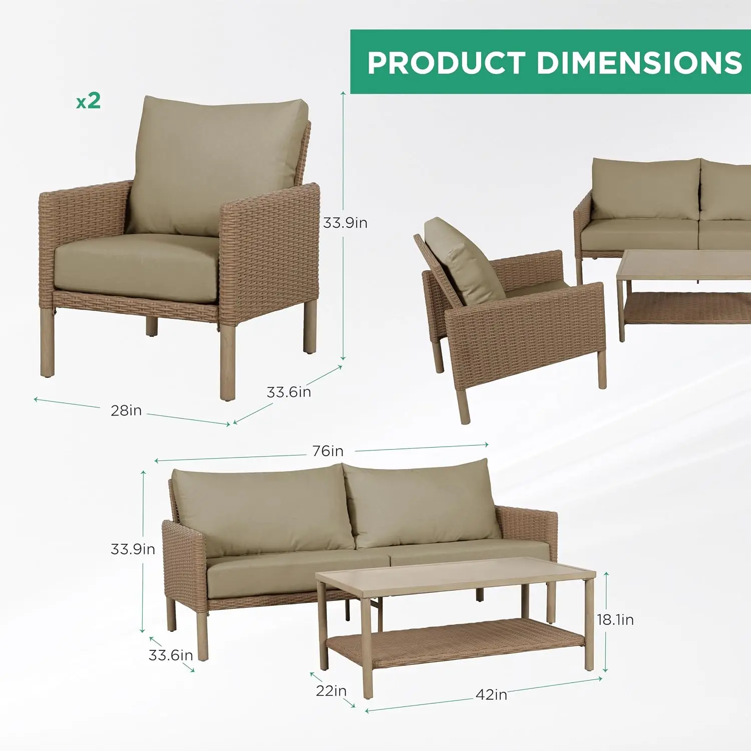 Wicker Patio Furniture Set 4-Piece Outdoor Sofa with Coffee Table & Removable Cushions for Backyard Garden Lawn, Customized