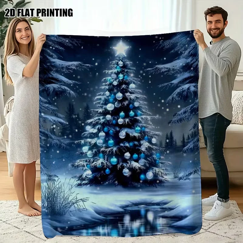 Xmas Santa Sleigh Reindeer Full Moon Snowy Forest Print Blanket Soft Cozy Warm Bed Sofa Blanket Classic Christmas Holiday Use