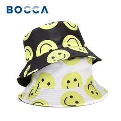 Bocca Smile Face Bucket Hat Panama Fisherman Hats Reversible Foldable Polyester Unisex Black White Summer Beach Sun Hip Hop Cap