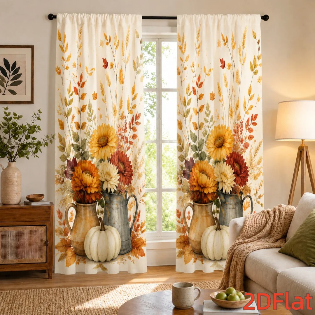 2PCS Digital Print Curtains, Vintage Pitcher Sunflower White Pumpkin Flower Pattern, Beige Watercolor Style for Living Room ／