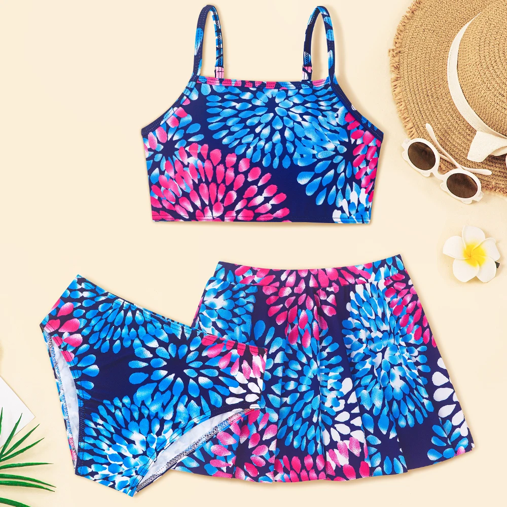 Toddler Girls Swimwear 3 Piece Tankini Bathing Suit Sets Hawaiian Bikini Swimsuits with Cover Ups Summer Beach Skirt Outfit