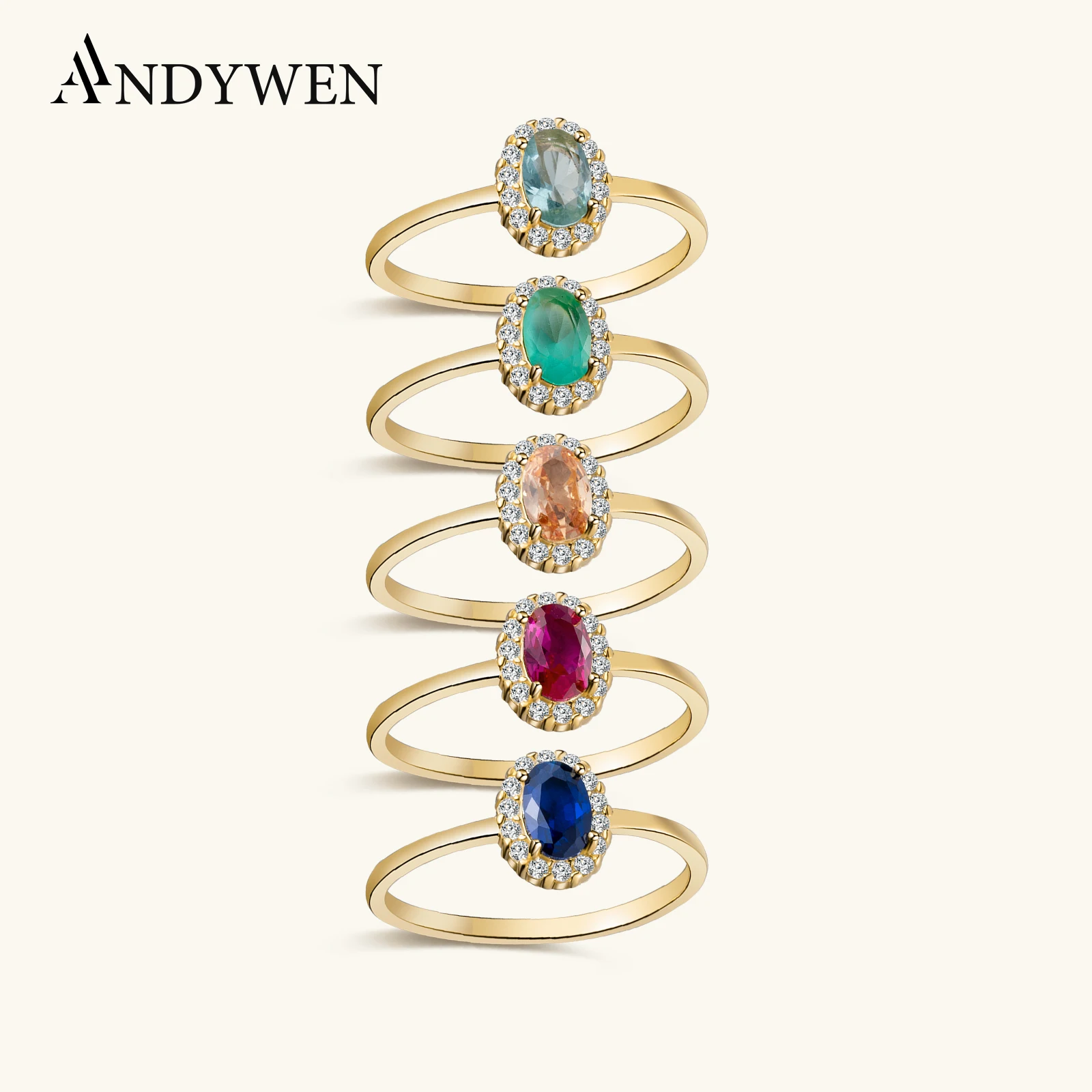 

ANDYWEN 100% 925 Sterling Silver Gold Anillo Roseton Aguamarina Rings Women 5 Color Zircon Luxury Women Wedding Jewelry