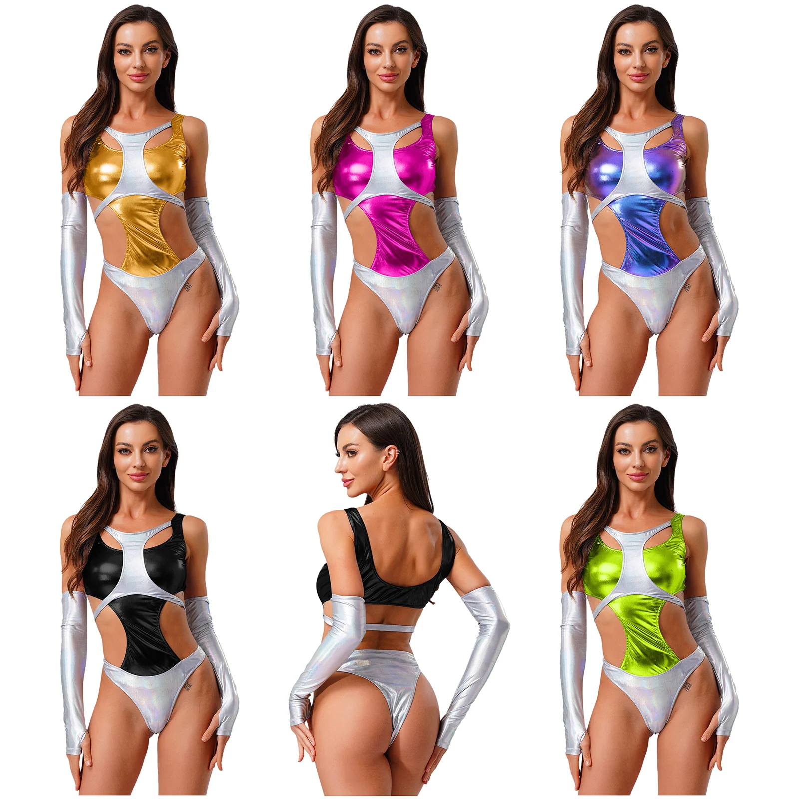 

Женское металлическое блестящее боди «Чужой» с длинными перчатками без пальцев, купальник без рукавов, купальник, космические костюмы для косплея