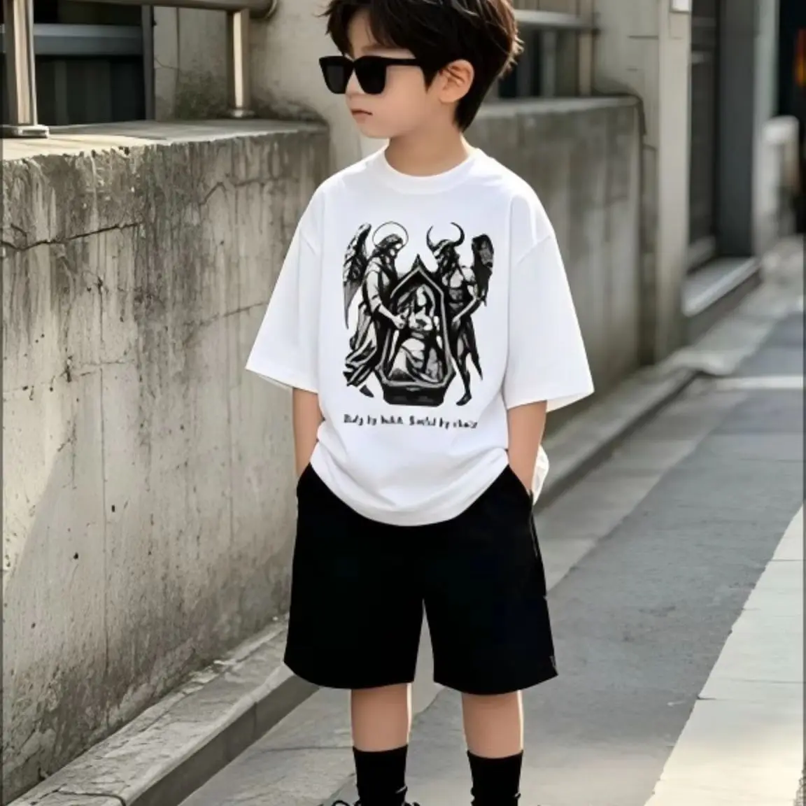 Angel Demon Dark Gothic Graphic T-Shirt, Vintage Evil Saint Art Print Crew Neck Tee, Loose Casual Edgy Aesthetic Short Sleeve