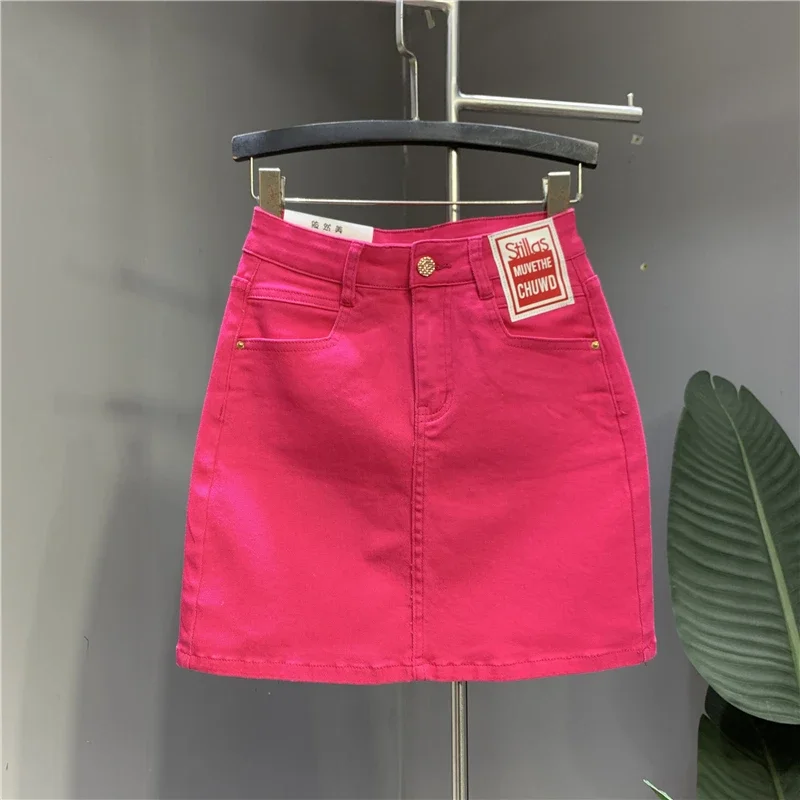 

Western Style Patch Washed Cotton Elastic Rose Red Denim Skirt 2025 Summer New All-Matching Slimming Hip Skirt Mini Skirt