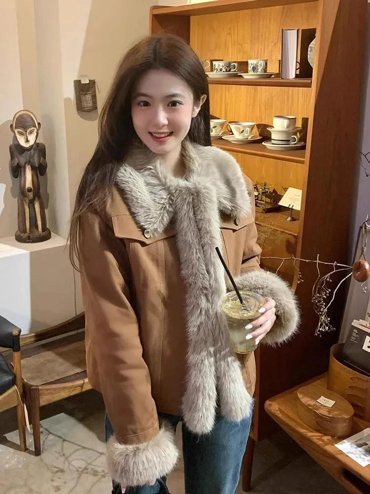 New Womens Vintage Faux Suede Fur Coat Short Brown Winter Korean Casual Outwear Female Clothes Thicken Warm Imitate Fur Jacket