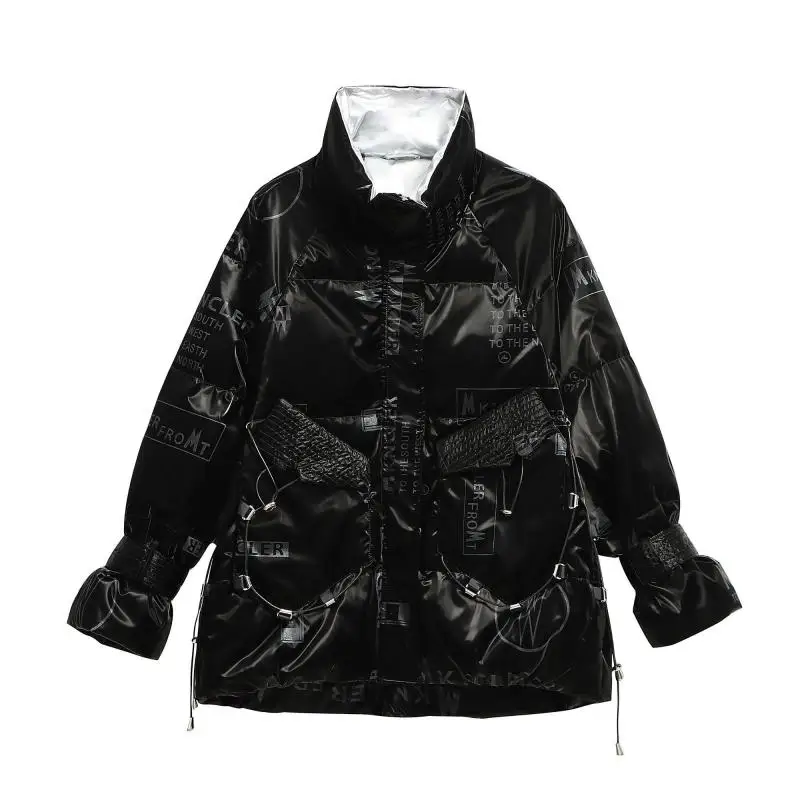 

Женская короткая куртка-пуховик с воротником-стойкой, свободного кроя, модная верхняя одежда с глянцевым дизайном поверхности