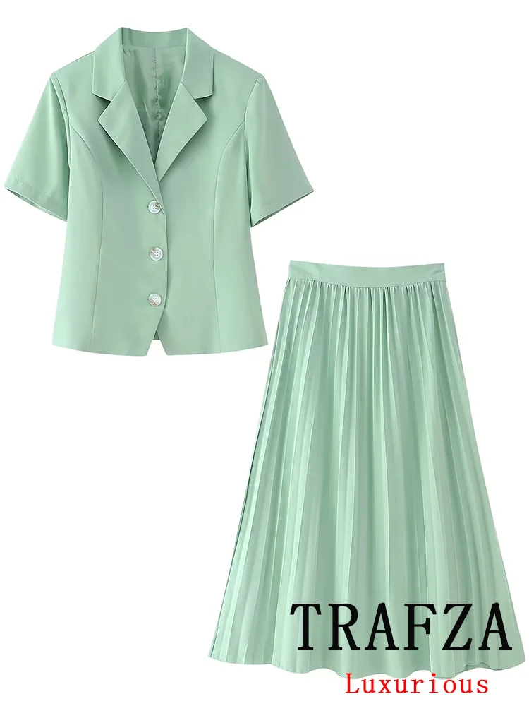 TRAFZA Vintage Office Lady Casual Chic Suit Solid Single Breasted Vest Long Straight Skirt New Fashion 2024 Summer Vintage Sets