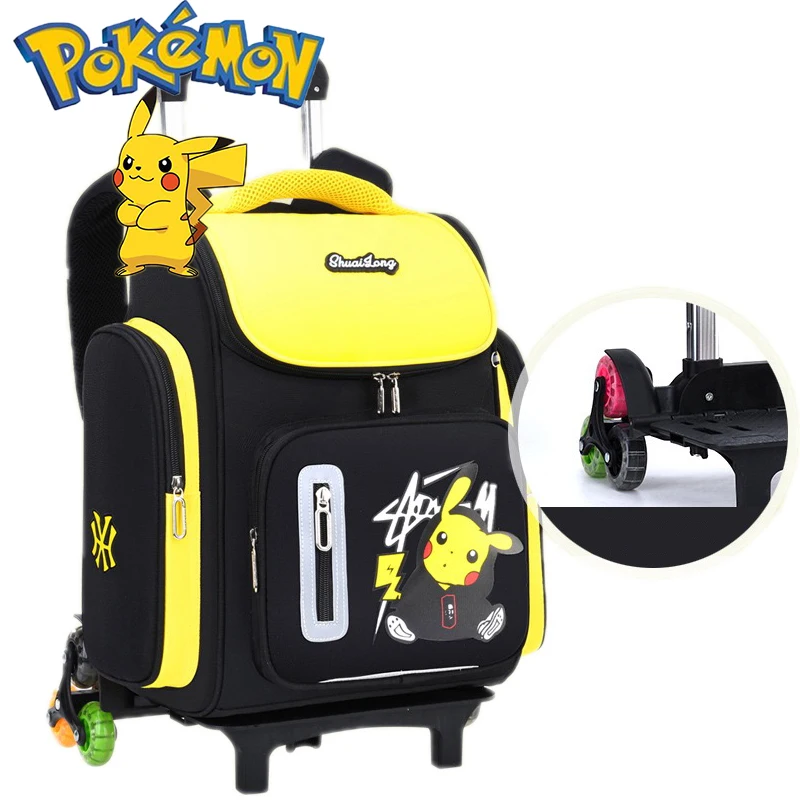 Pokemon School Trolley Schoolbag Backpack Space Schoolbag Reflective Pikachu Boys Cartoon Children Waterproof Breathable Bags