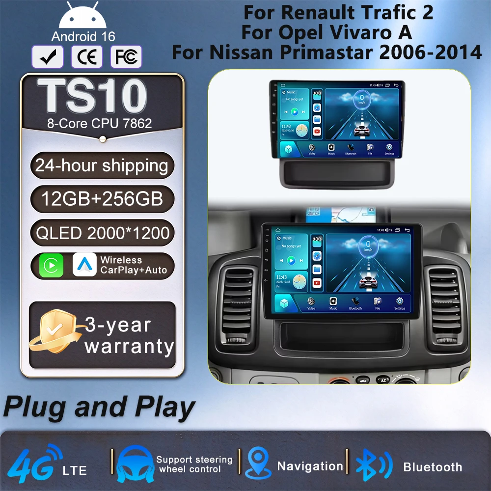 Autoradio für Renault Trafic 2, für Opel Vivaro A, für Nissan Primastar 2006-2014, Multimedia-Videoplayer, Android 14, Navigation, GPS.