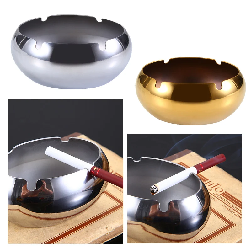

New Stainless Steel Ashtray Stainless Steel Round Shaped Decorative Tabletop Cigarettes Ash Holder For Home Office Tabletop