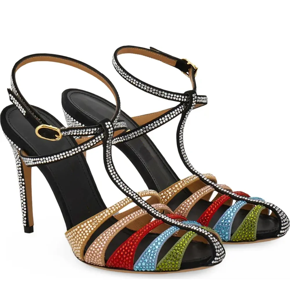 

Ctrstal Mixed Colors Narrow Band Sandals Sexy Round Toe Patchwork Leather Thin Heel New Arrivals Fashion Women Modern Shoes