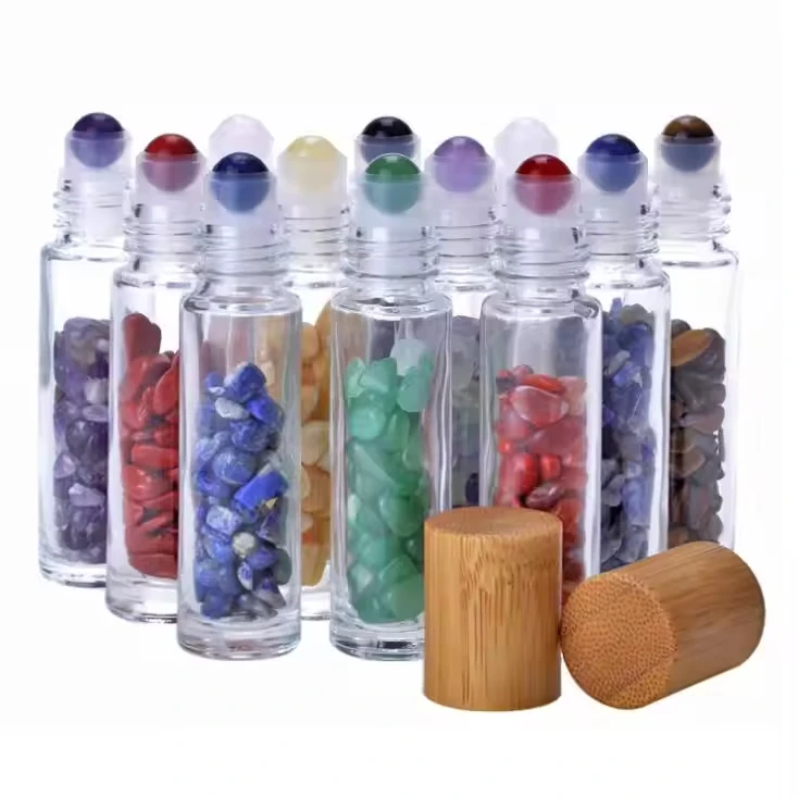 Glass Rose Quartz Crystal Stone doterra Essential Oils Massage Roller bottles Roll On Perfume bottle bamboo cap Jade ball bottle