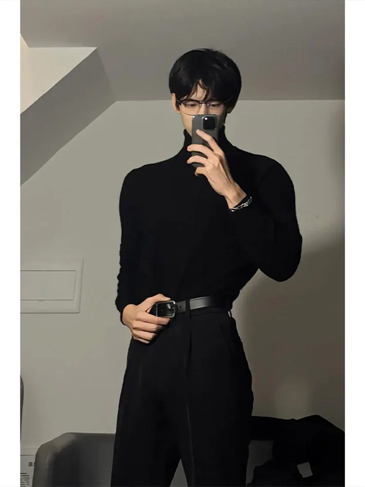 

American Style High Collar Men's Sweater Autumn Winter Slim Fit Elastic Base Layer Knitwear Casual Comfortable Long Sleeve