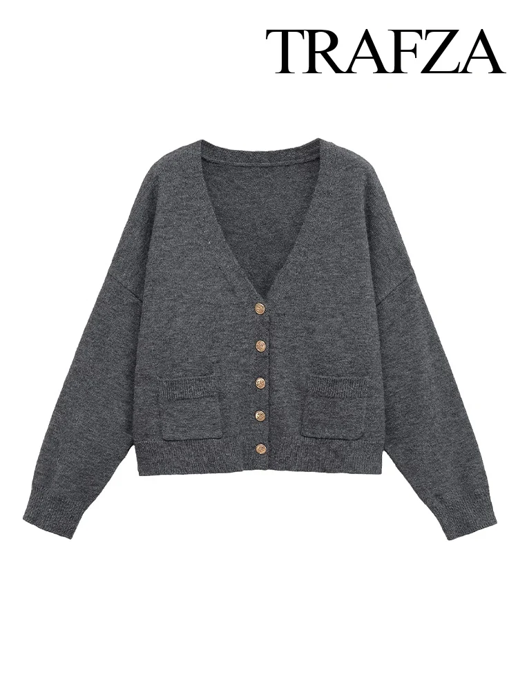 

HH Women's 2025 Autumn Wool Gold Button V-neck Knit Cardigan Sweater Female Elegant Single Breasted Streetwear Casual Jacket