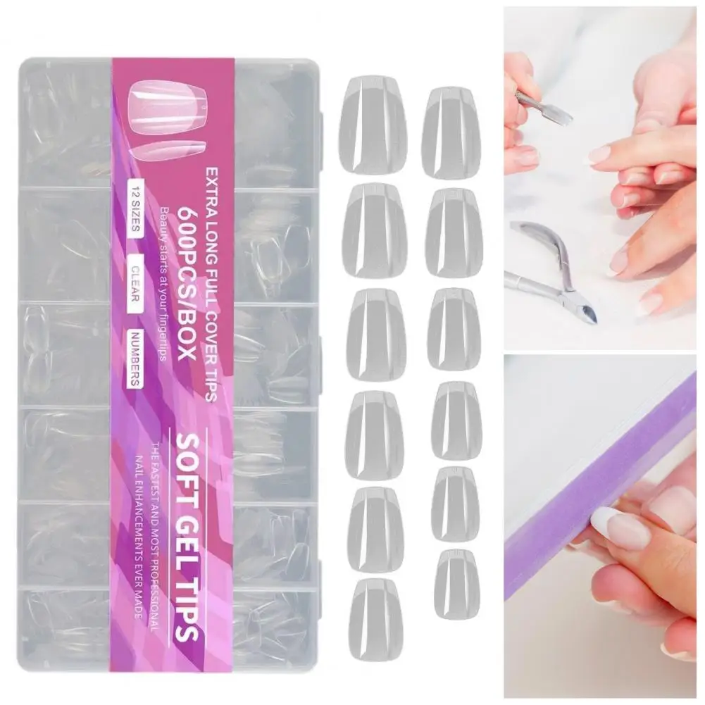 600Pcs/Box Square Nail Art Tips Ultra-thin Transparent Nail Extension Tips Crease Free Full Cover Fake Nails DIY Manicure Access