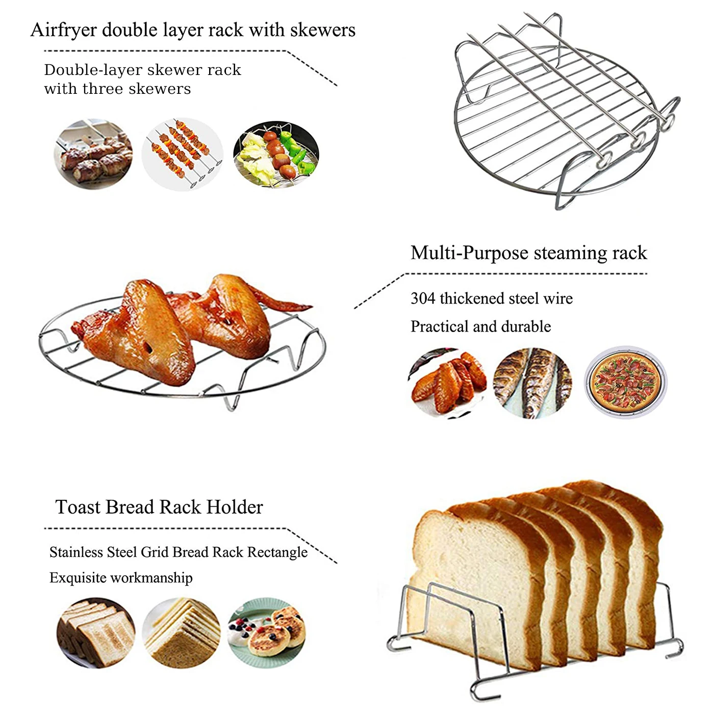 5Pcs 6\7\8 Inch Air Fryer Accessories Set Stainless Steel Double Grill Toast Bread Rack Steamer Racks Suitable For All Airfryer