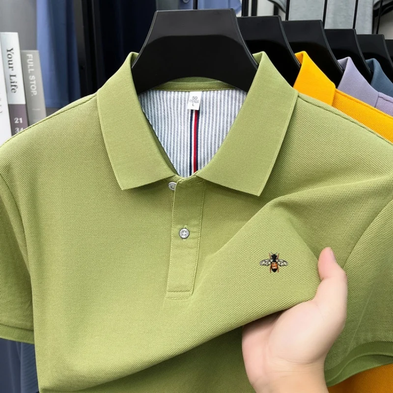 100% pure cotton high-end brand men's short sleeved polo shirt 2026summer luxury fashion bee embroidery golf top casual T-shirt