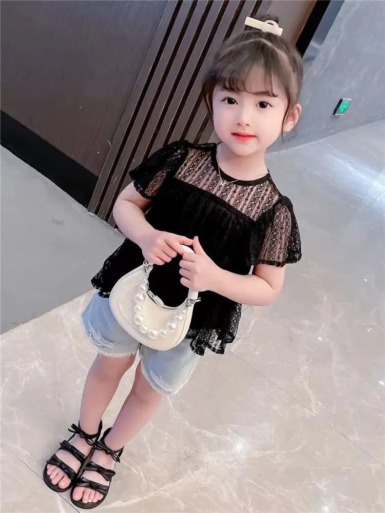 2024 New Fashion Black Blouse for Kids Girls Summer Children Short Sleeve Shirts O-neck Patchwork Lace Korean Style Shirt Q502