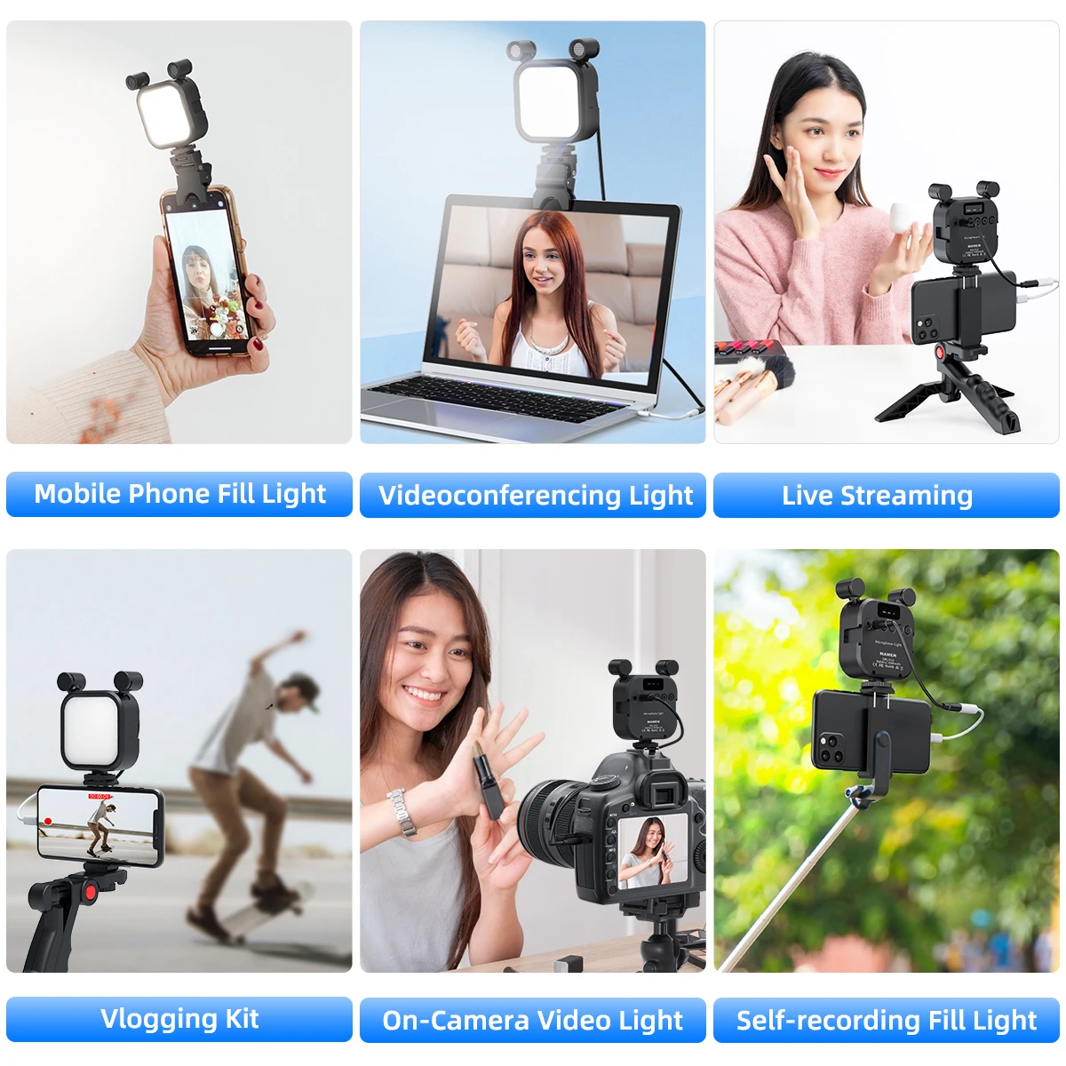 MAMEN Microphone-Lamp LED Video Light with Stereo Recording Camera Photography Light for Phone Laptop Conference Live Streaming