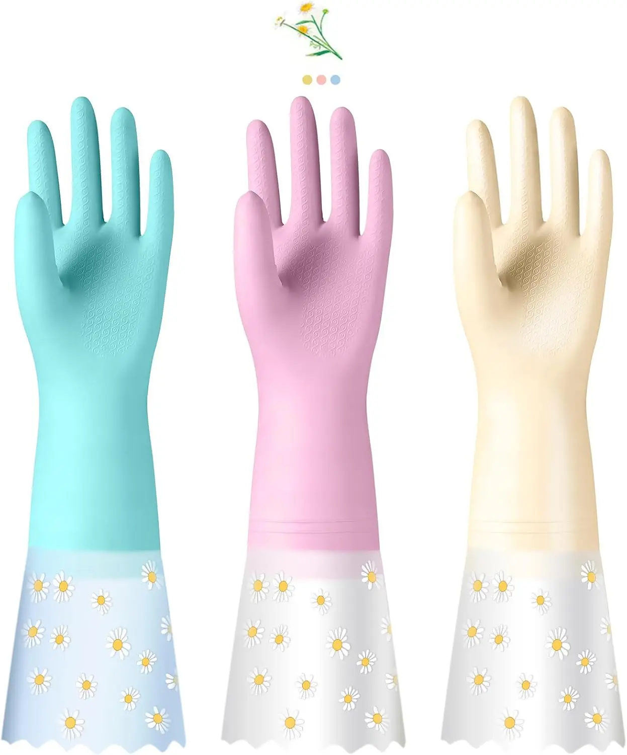 Reusable Rubber Cleaning Gloves for Dishwashing: 3 Pairs Latex Free Household Kitchen Gloves