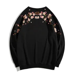 Japan Style Sakura Floral Embroidery Crew Neck Sweatshirt Cotton Blended Mens Casual Pullovers