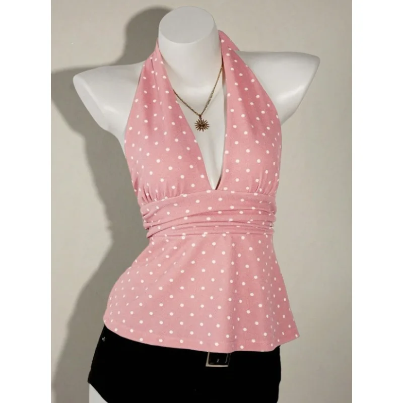 Y2k Europäische und amerikanische Sommer-Harajuku-Kurzwesten im plissierten, schmal geschnittenen Stil für Damen mit Taillenbetonung, rückenfrei, ärmellos, Halter-Neck.