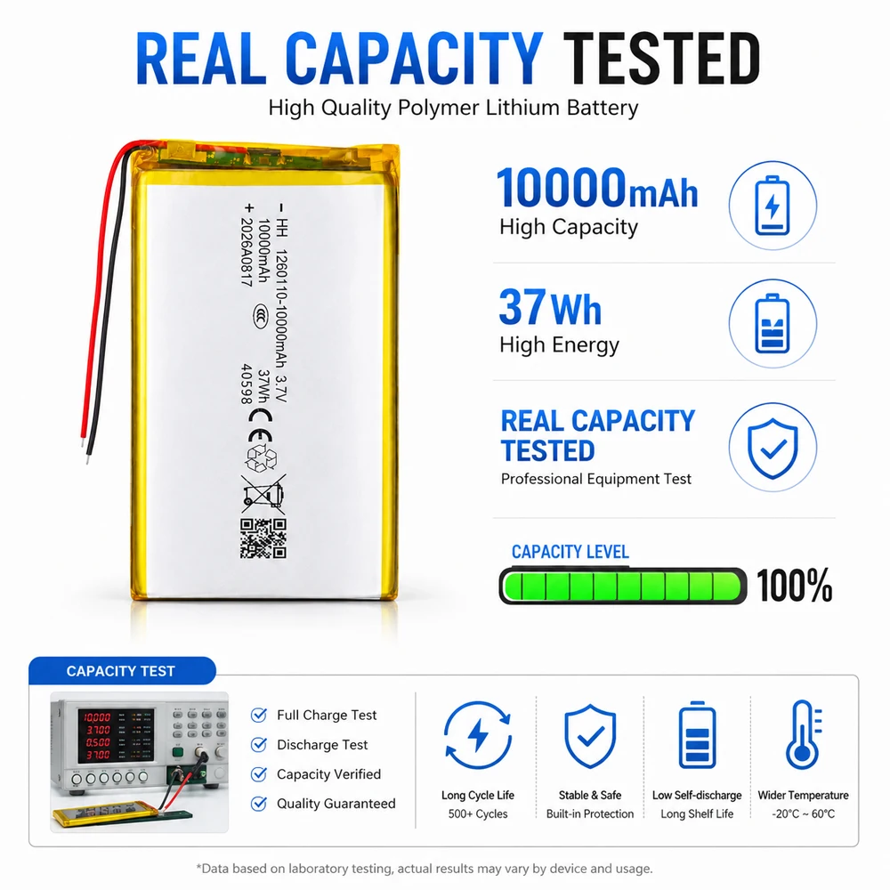 1260110 3.7V 10000mAh Polymer Lithium Battery High Power Suitable for Power Banks GPS Devices and Tablets 100% Actual Capacity.