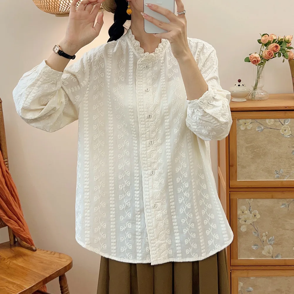 New Spring Cotton Shirt Women Ruched Collar Long Sleeve Tops Girl Embroidery Casual Loose OL Blouses 2024 Autumn T43550QM