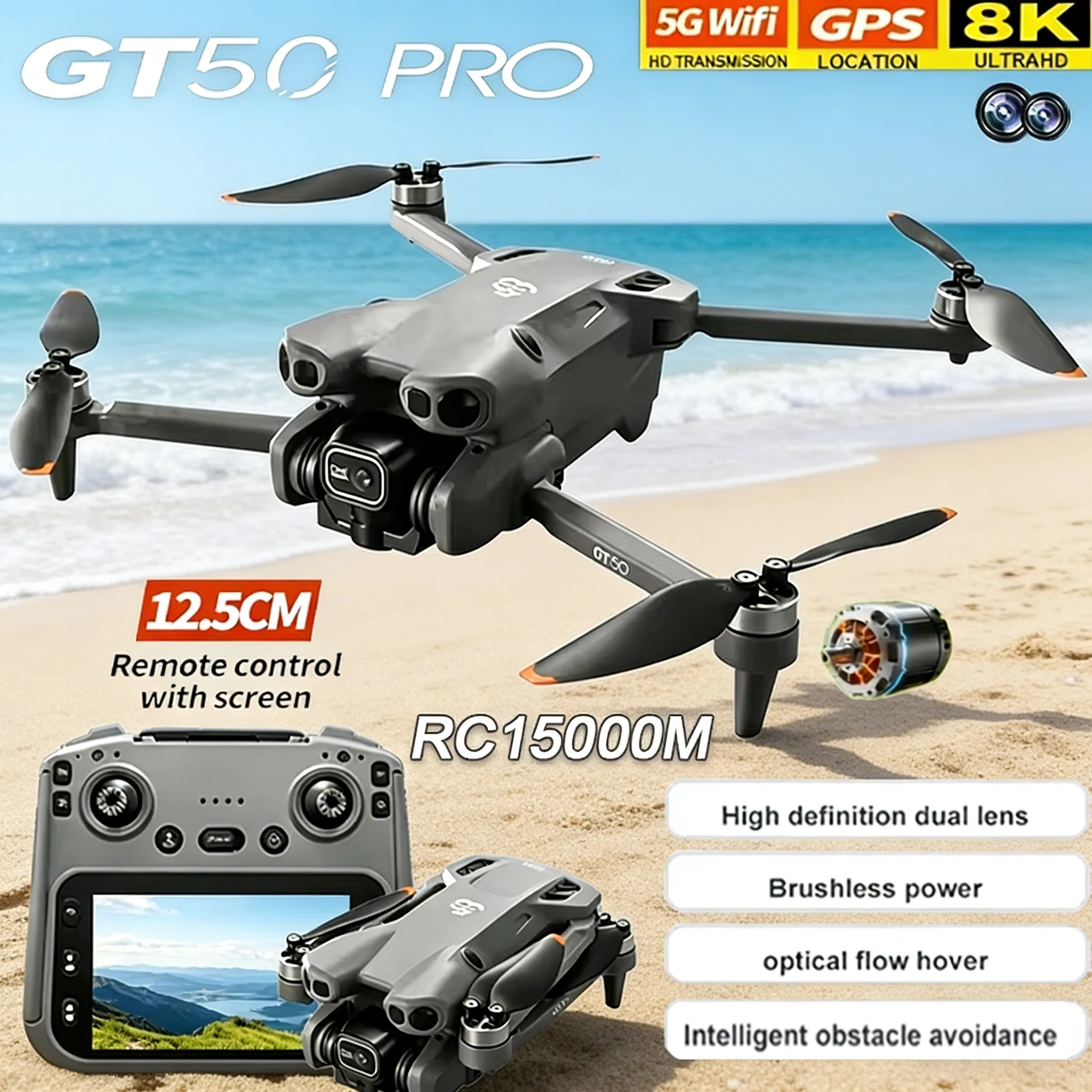 

Профессиональный дрон GT50 с GPS и камерой 8K HD, 360° ° Квадрокоптер с двойной камерой, 4,3-дюймовым экраном, дистанционным управлением и функцией обхода препятствий